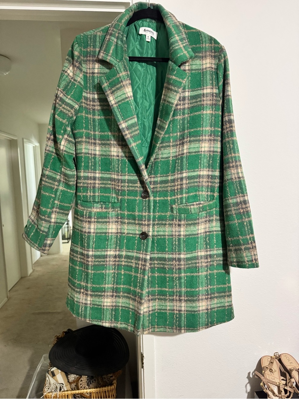 & Other Stories Green Plaid Single-Breasted Pea Coat